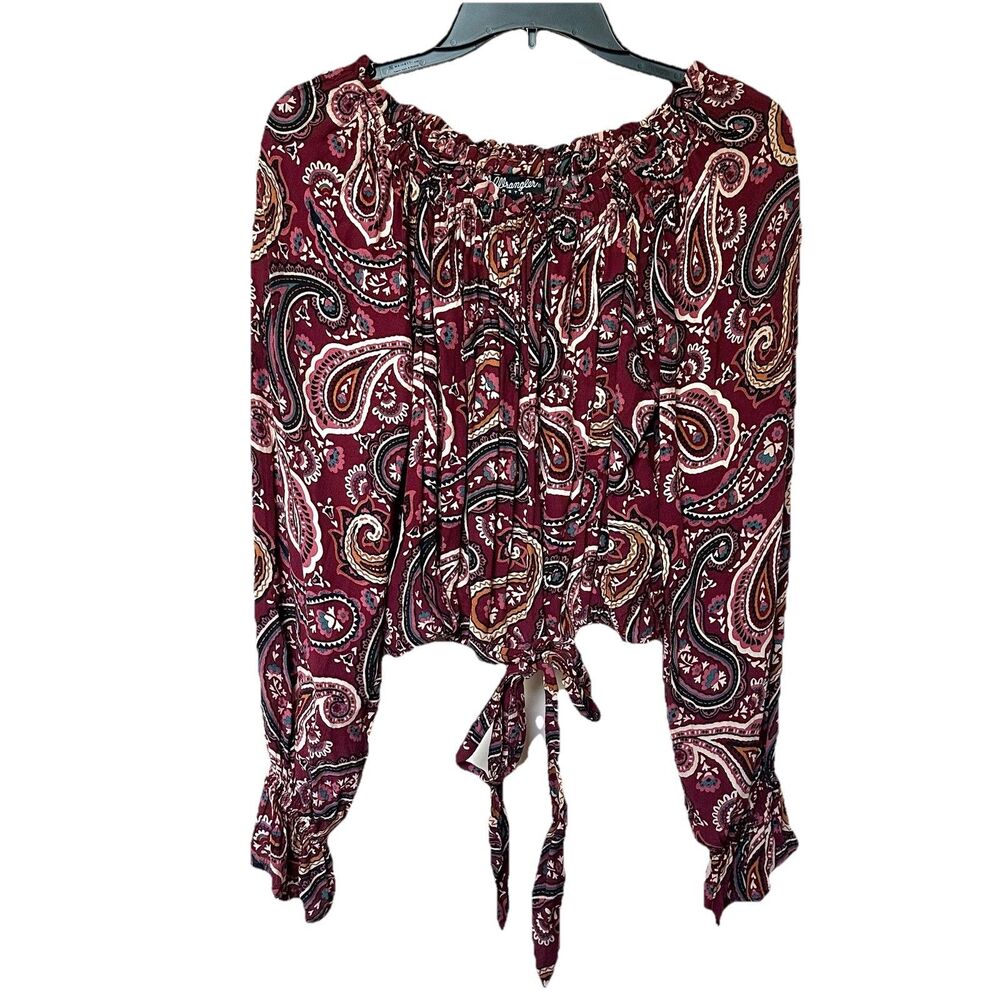 Wrangler Retro Crop Top Lg Long Balloon Sleeve Tie Waist Paisley Western Rodeo